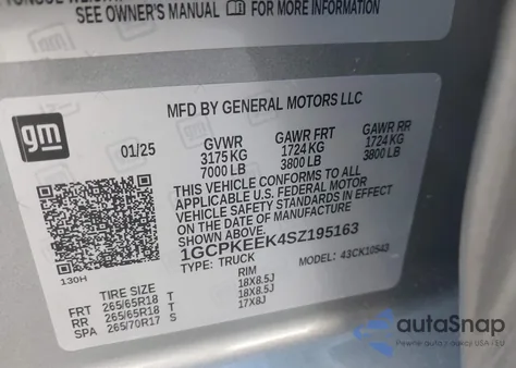 2025 Chevrolet Silverado K1500 Rst из США, поврежденный, VIN 1GCPKEEK4SZ195163